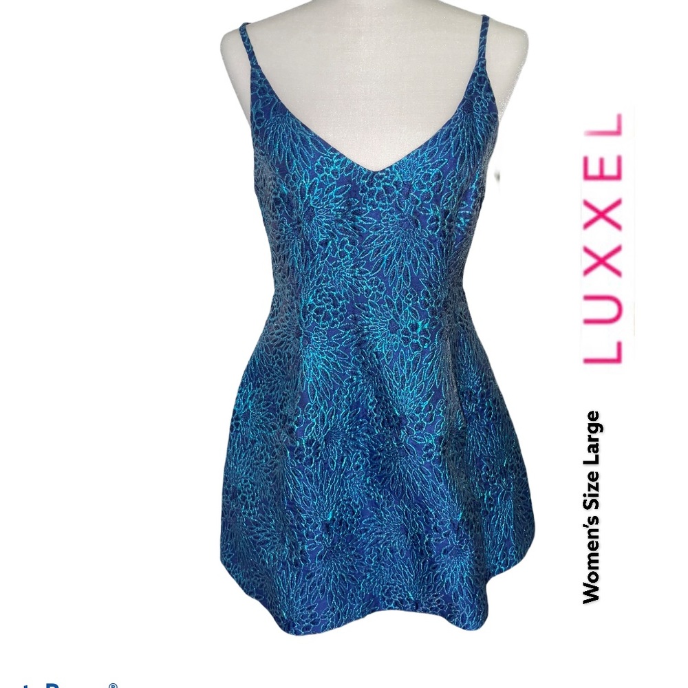 Luxxel Beautiful Perennial Garden Blue Metallic Floral Jacquard Mini Dress